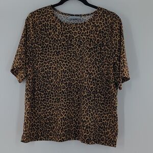 Blair Boxy Short Sleeve T-Shirt Leopard Print Women's Large Brown Tan Maximalist